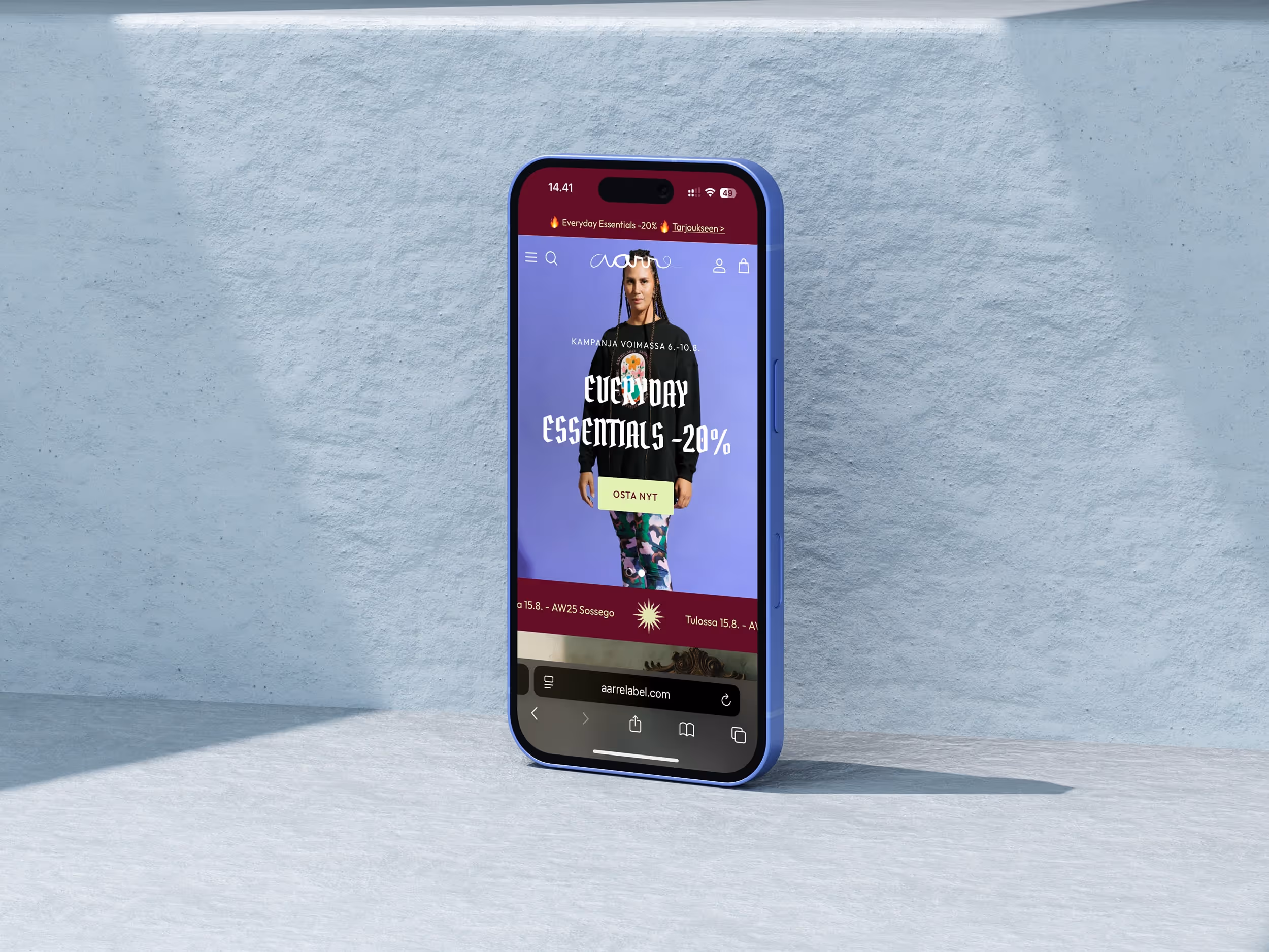 Ylläpidossa oleva Shopify-verkkokauppa mobiilinäkymässä