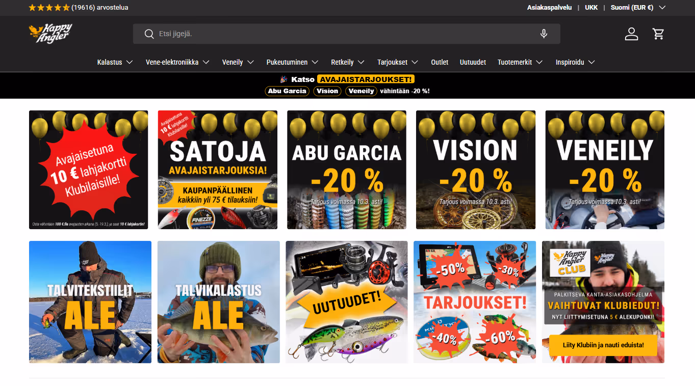 Happy Anglerin verkkokauppa, jonka kansainvälisessä Shopify Plus -migraatiossa toteutettiin yli 9 000 URL-uudelleenohjausta.