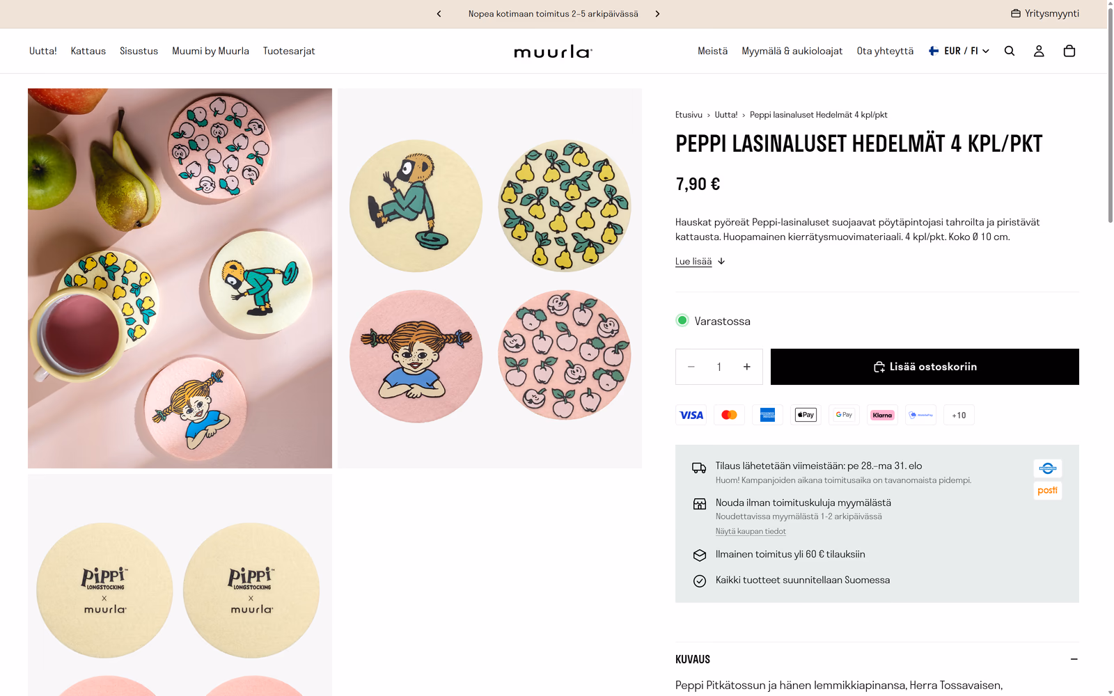 Muurlan verkkokaupan tuotesivu, jossa näkyvät tuotteen kuvat, nimi, hinta, kuvaus, saatavuus, toimitusvaihtoehdot ja ostopainike.